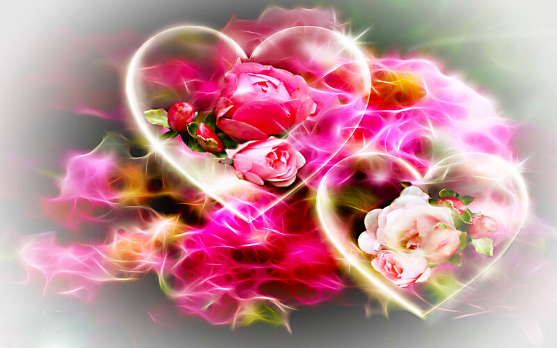 Flaming hearts with roses