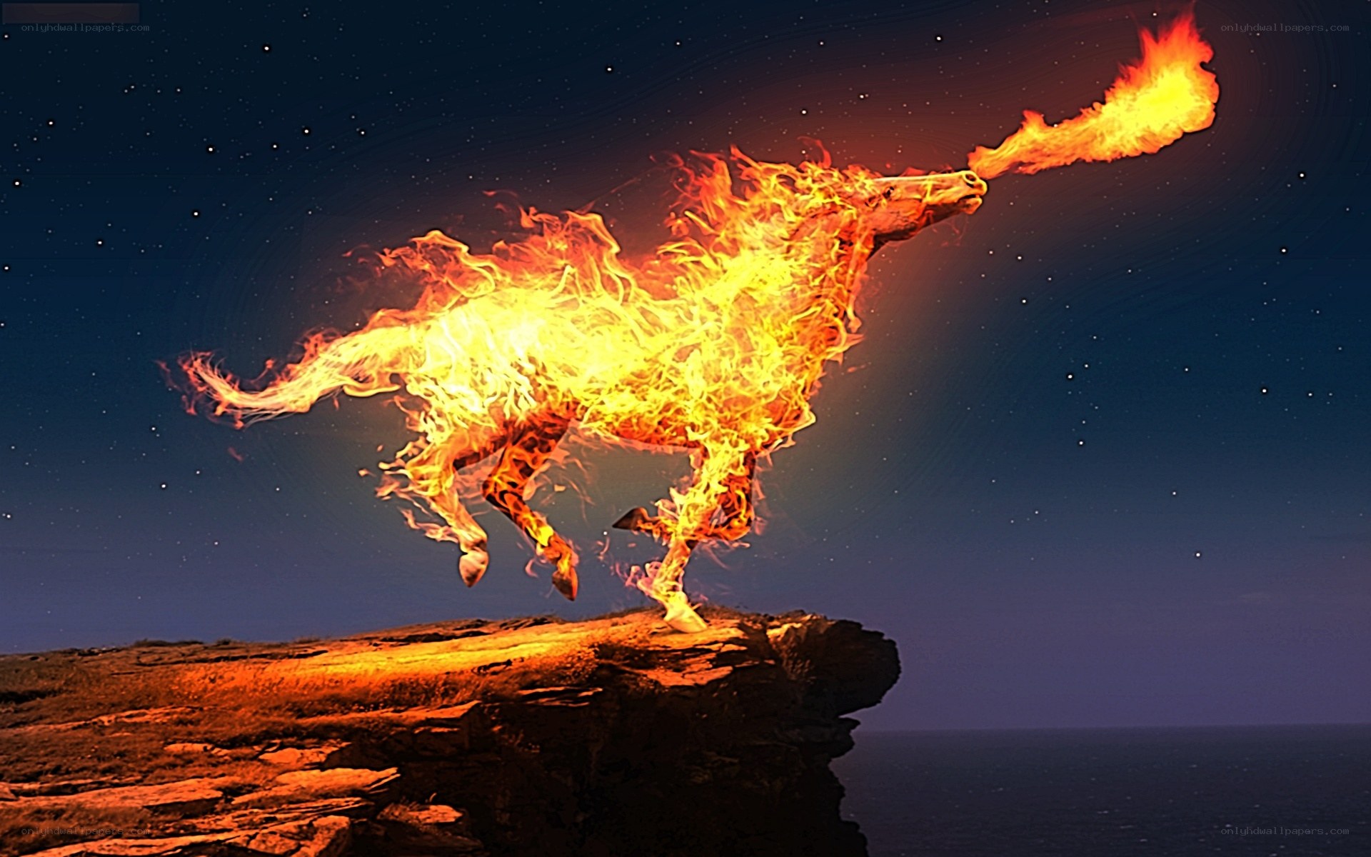 flaming horse on cliff