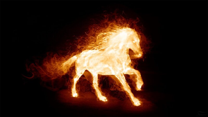 Flaming Horse — Orange, Dramatic, Night, Digital Art