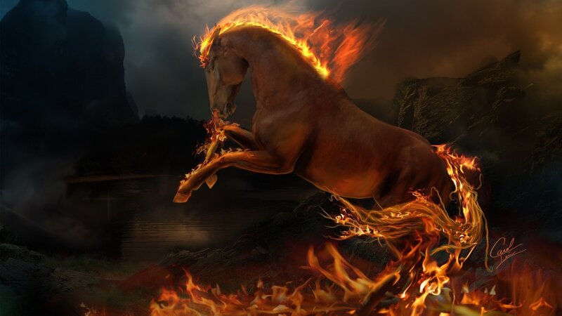 Flaming Horse Rearing — Orange, Dramatic, Night, Digital Art