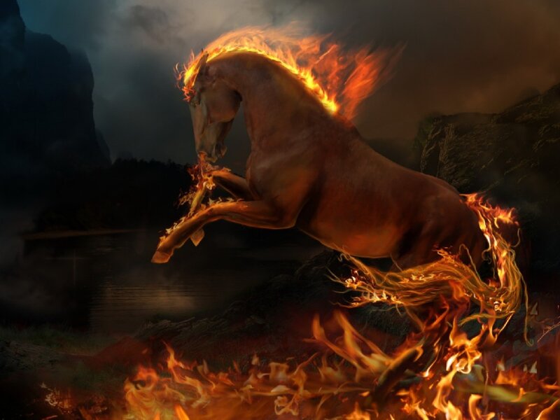 Flaming Horse Rearing — Orange, Dramatic, Night