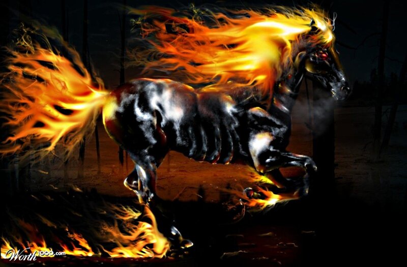 Flaming Horse Running — Black, Dramatic, Night, Digital Art