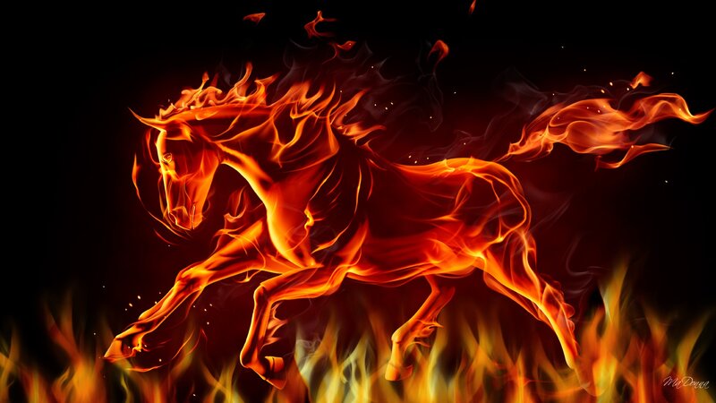 Flaming Horse Running — Orange, Dramatic, Digital Art, Fire, Dark Background