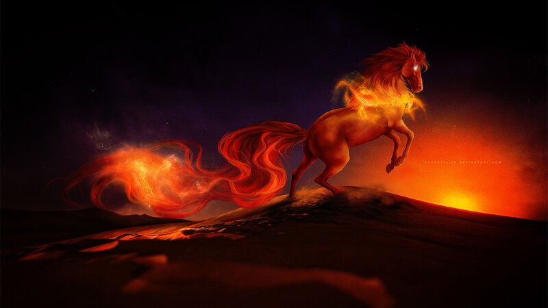 Flaming Horse Running — Orange, Dramatic, Night