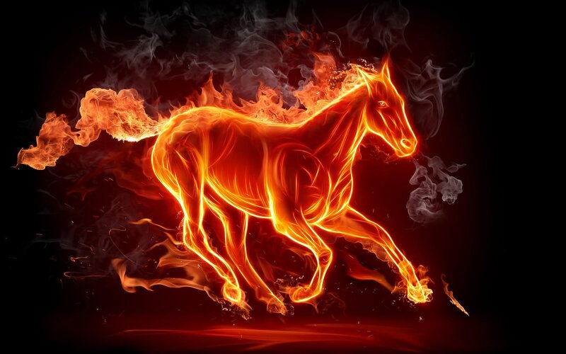 Flaming Horse Running — Red, Dramatic, Digital Art, Fire, Smoke, Orange, Black