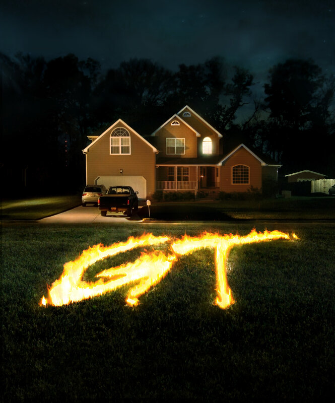 Flaming letters in front yard