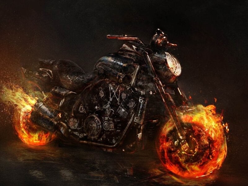 Flaming Motorcycle — Black, Dramatic, Digital Art