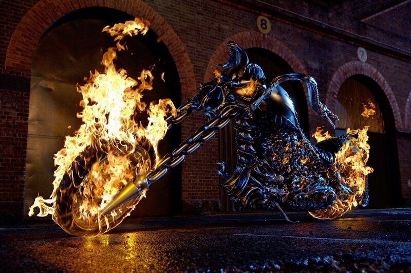 Flaming Motorcycle — Black, Dramatic, Night, Digital Art, Brick Building, Arches