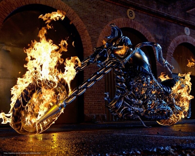 Flaming Motorcycle — Black, Dramatic, Night, Digital Art, Brick Building