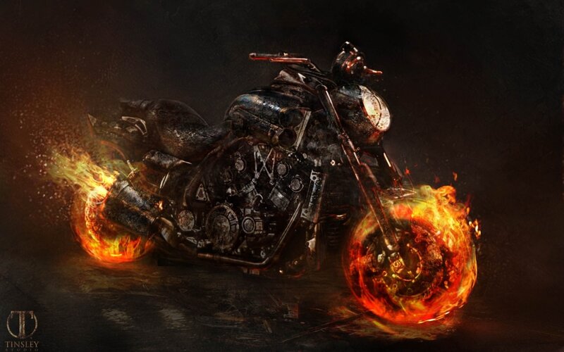 Flaming Motorcycle — Black, Dramatic, Night, Digital Art, Fire, Dark Background