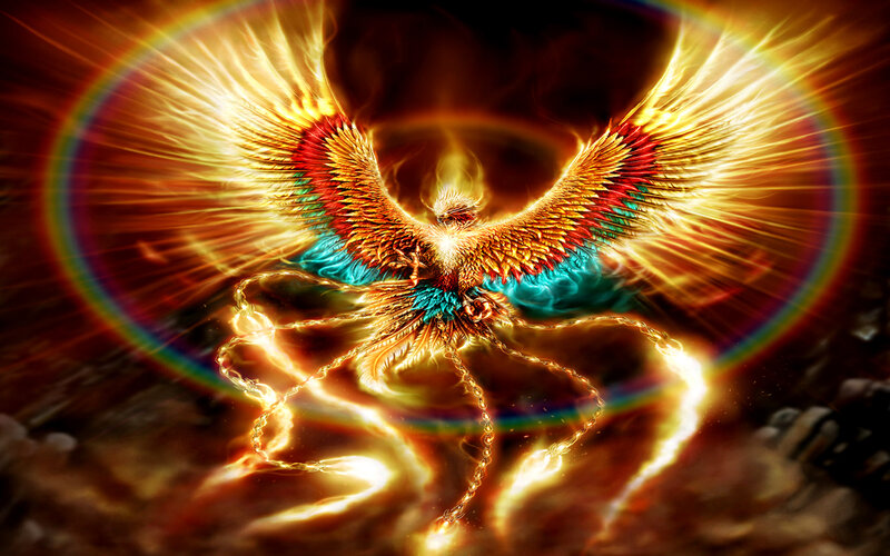 Flaming Phoenix Bird — Gold, Dramatic, Digital Art, Wings