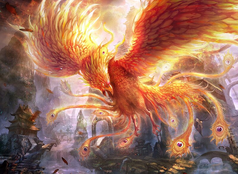 Flaming Phoenix Bird — Orange, Dramatic, Digital Art, Ancient Ruins