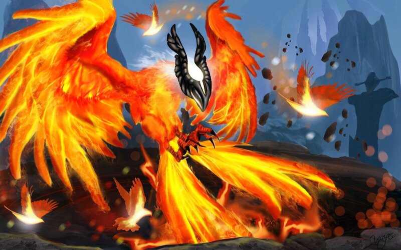 Flaming Phoenix Bird — Orange, Dramatic, Digital Art, Birds
