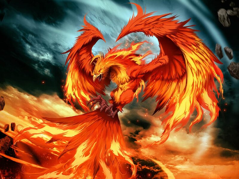Flaming Phoenix Bird — Orange, Dramatic, Digital Art, Fire, Clouds