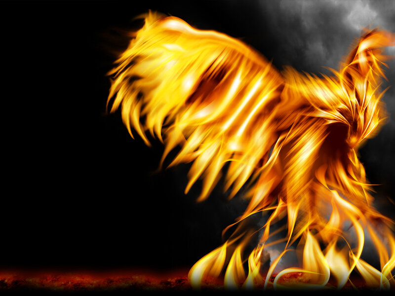 Flaming Phoenix Bird — Orange, Dramatic, Digital Art, Fire, Smoke, Dark Background