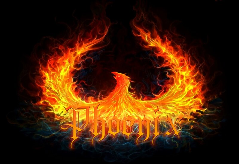 Flaming Phoenix Bird — Orange, Dramatic, Digital Art, Fire, Smoke, Text
