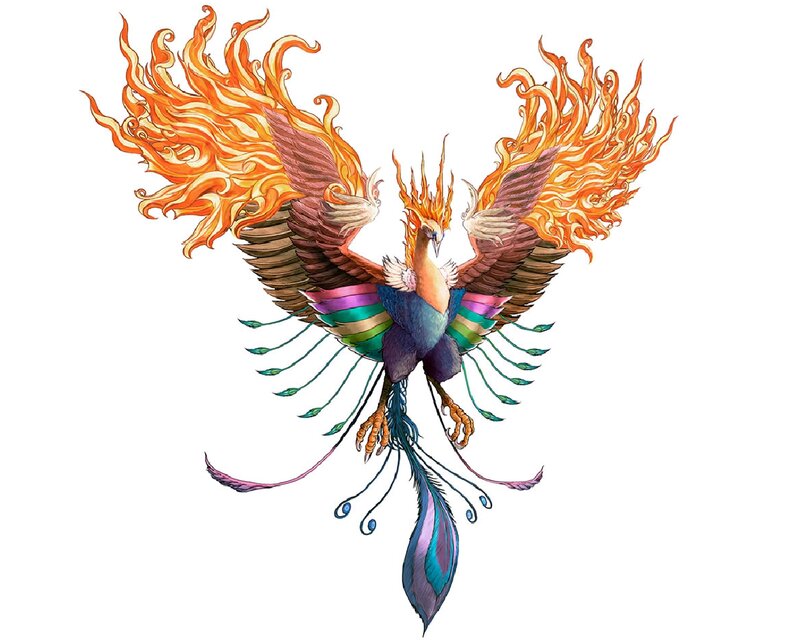 Flaming Phoenix Bird — Orange, Dramatic, Digital Art, Fire, Wings, Tail Feathers