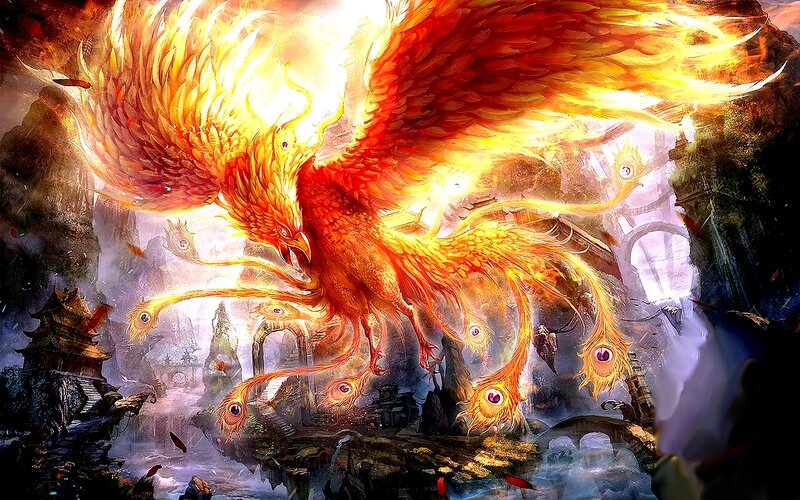 Flaming Phoenix Bird — Orange, Dramatic, Digital Art, Ruins