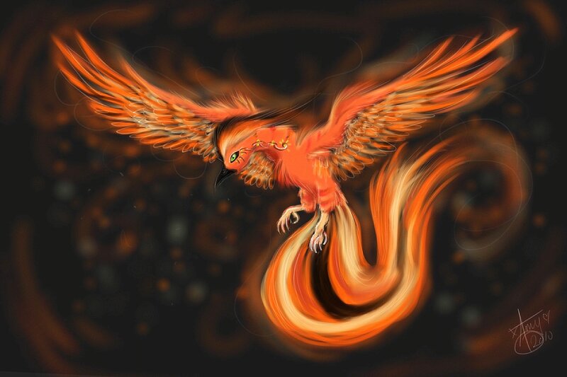 Flaming Phoenix Bird — Orange, Dramatic, Digital Art, Wings