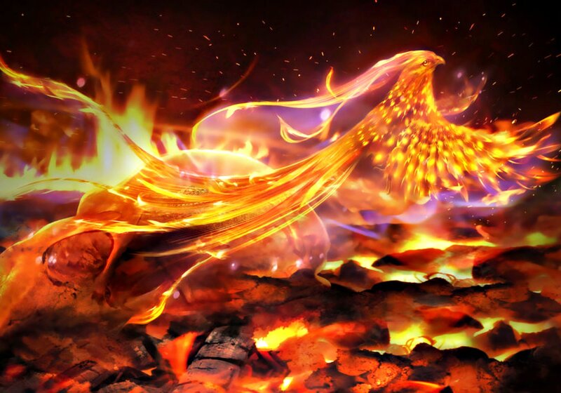 Flaming Phoenix Bird — Orange, Dramatic, Night, Digital Art, Fire, Ashes