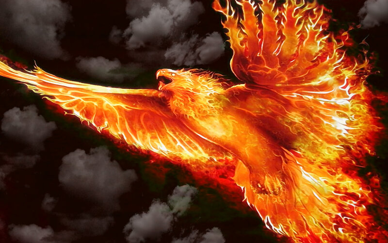 Flaming Phoenix Bird — Orange, Dramatic, Night, Digital Art, Fire, Clouds