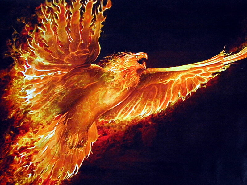 Flaming Phoenix Bird — Orange, Dramatic, Night, Digital Art, Fire, Dark Sky