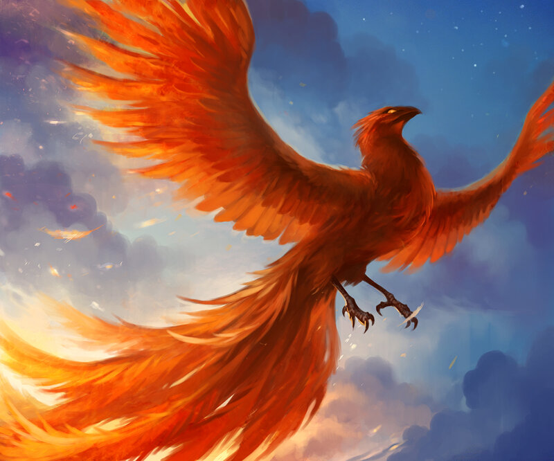 Flaming Phoenix Bird — Orange, Dramatic, Night, Digital Art, Sky