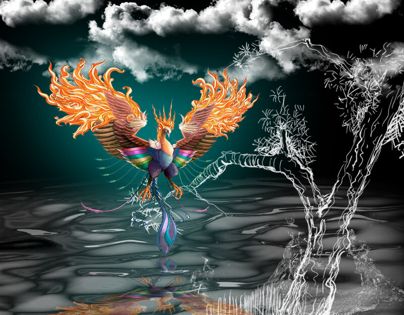 Flaming Phoenix Bird — Orange, Dramatic, Night