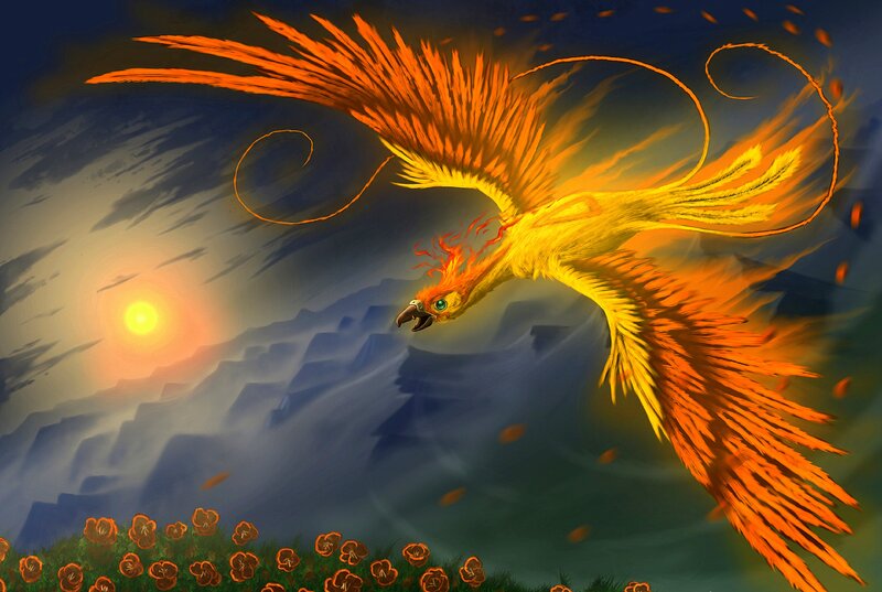 Flaming Phoenix Bird — Orange, Dramatic, Sunset, Digital Art