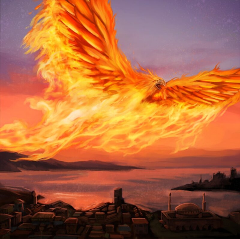 Flaming Phoenix Bird — Orange, Dramatic, Sunset