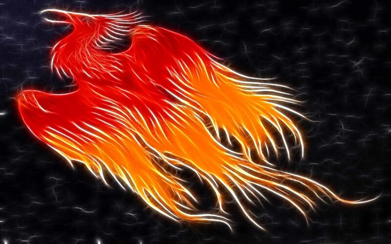 Flaming Phoenix Bird — Red, Dramatic, Digital Art, Fire, Wings, Dark Background, Orange