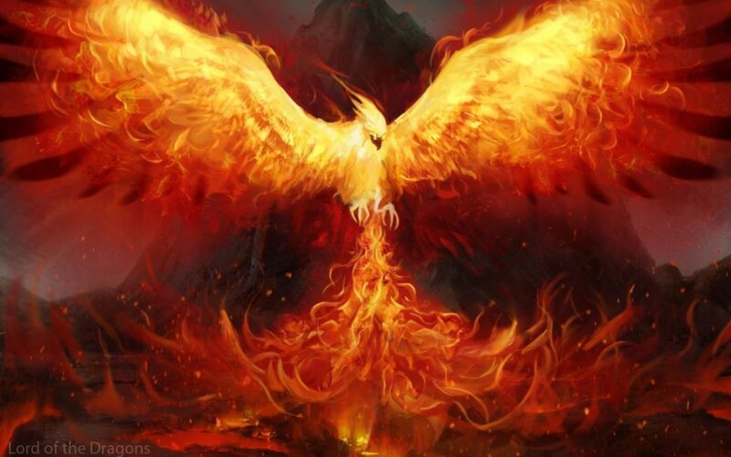 Flaming Phoenix Bird — Red, Dramatic, Digital Art, Fire, Wings, Mountain