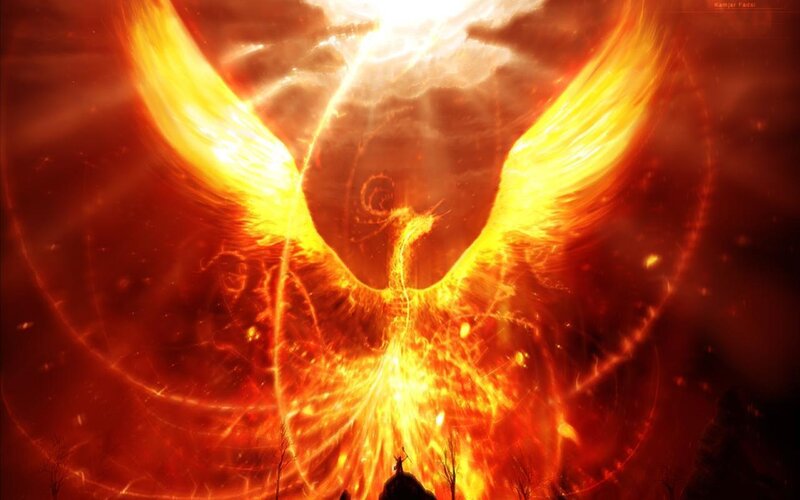 Flaming Phoenix Bird — Red, Dramatic, Digital Art, Fire, Wings, Silhouette
