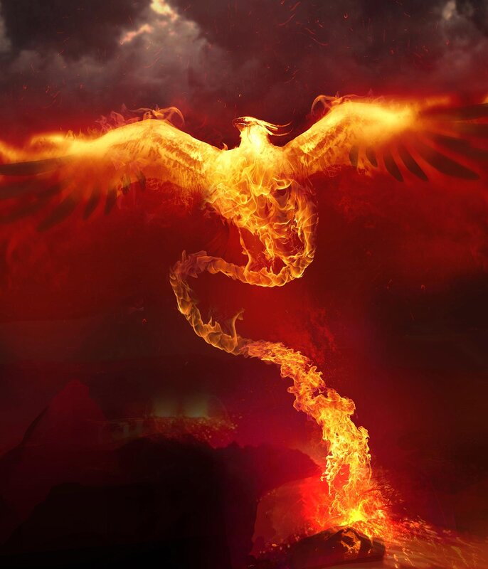 Flaming Phoenix Bird — Red, Dramatic, Digital Art, Fire, Wings, Sky, Orange, Black