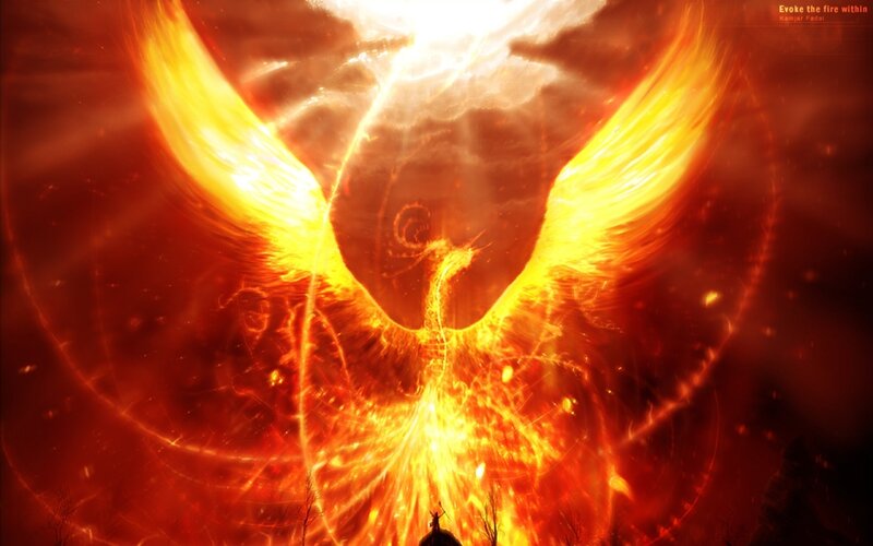 Flaming Phoenix Bird — Red, Dramatic, Digital Art, Fire, Wings, Sky
