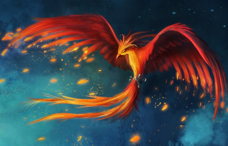 Flaming Phoenix Bird — Red, Dramatic, Night, Digital Art, Fire, Sky, Feathers, Orange