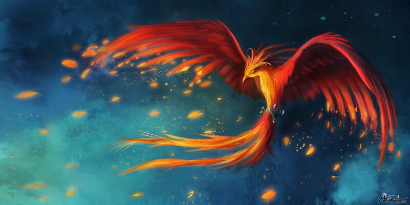 Flaming Phoenix Bird — Red, Dramatic, Night, Digital Art, Fire, Sky, Feathers