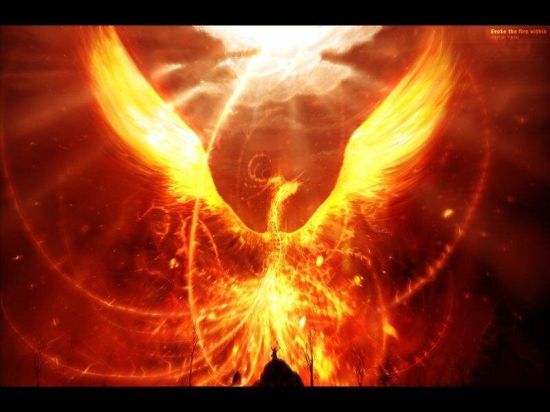 Flaming Phoenix Bird — Red, Dramatic, Night, Digital Art, Fire, Sky, Silhouette, Orange