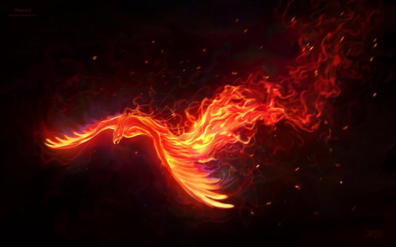 Flaming Phoenix Bird — Red, Dramatic, Night, Digital Art, Fire, Smoke