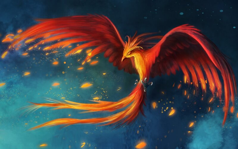 Flaming Phoenix Bird — Red, Dramatic, Night, Digital Art, Fire