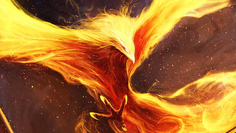 Flaming Phoenix Bird — Yellow, Dramatic, Night, Digital Art