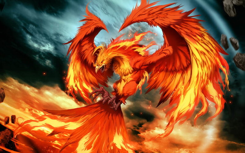 flaming phoenix in storm