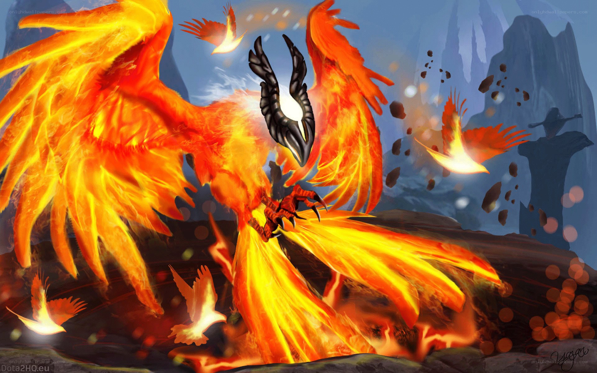 Flaming phoenix in volcanic landscape