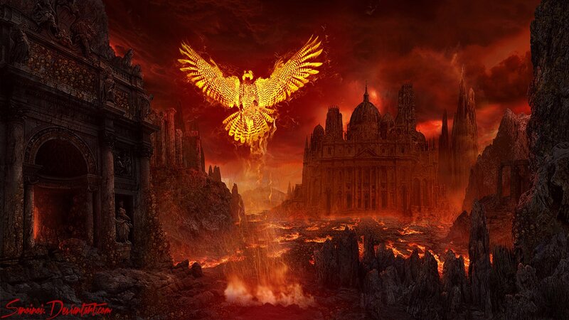 Flaming Phoenix over Ruins