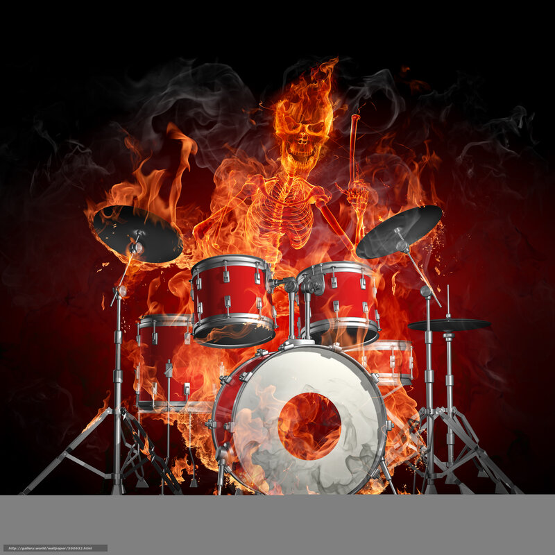 Flaming Skeleton Drummer — Red, Dramatic