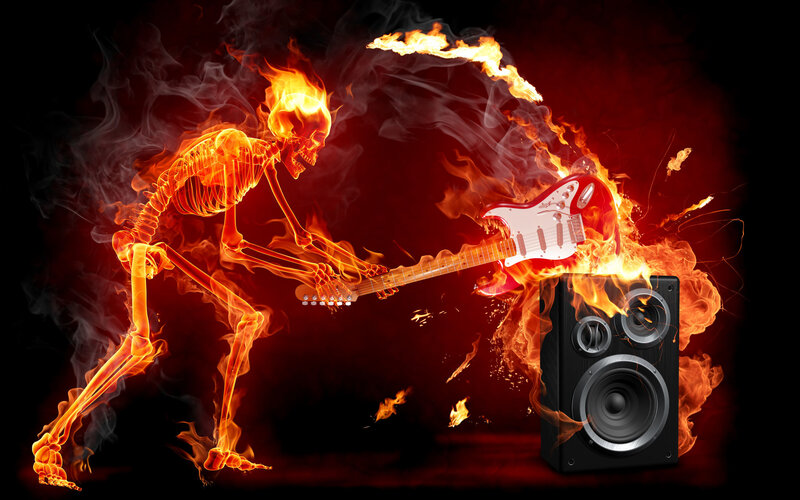 flaming skeleton guitarist