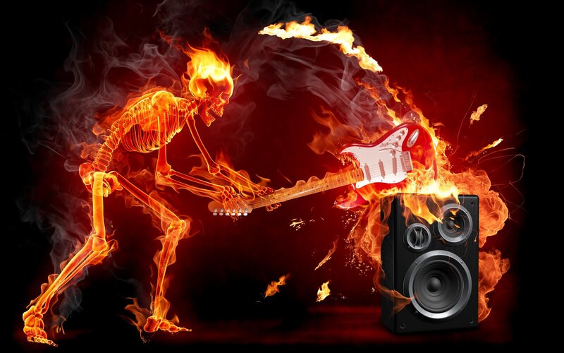 Flaming Skeleton Guitarist — Red, Dramatic
