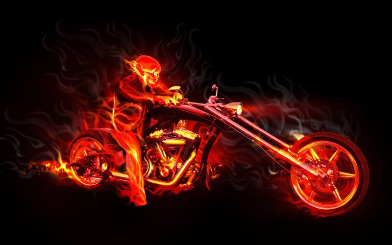 Flaming Skeleton on Motorcycle — Red, Dramatic, Night