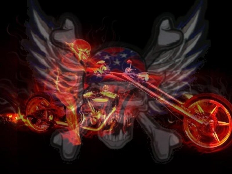 Flaming Skeleton on Motorcycle — Red