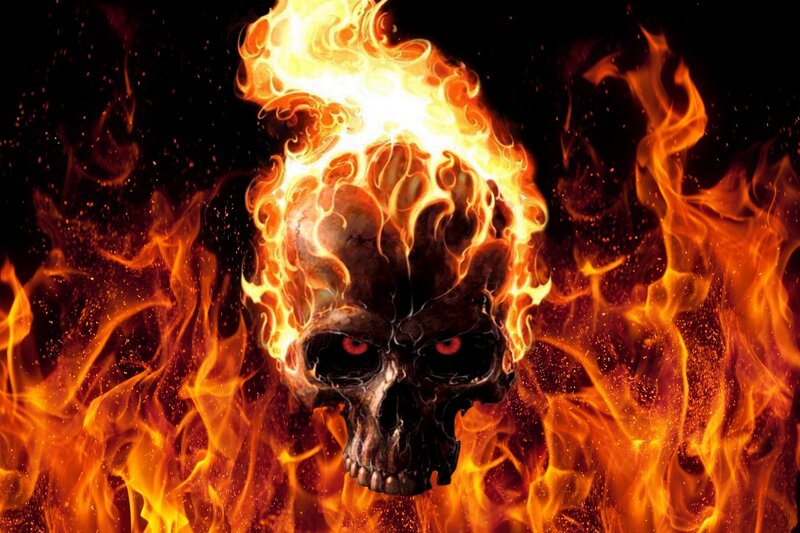 Flaming Skull — Black, Dramatic, Digital Art, Fire, Eyes